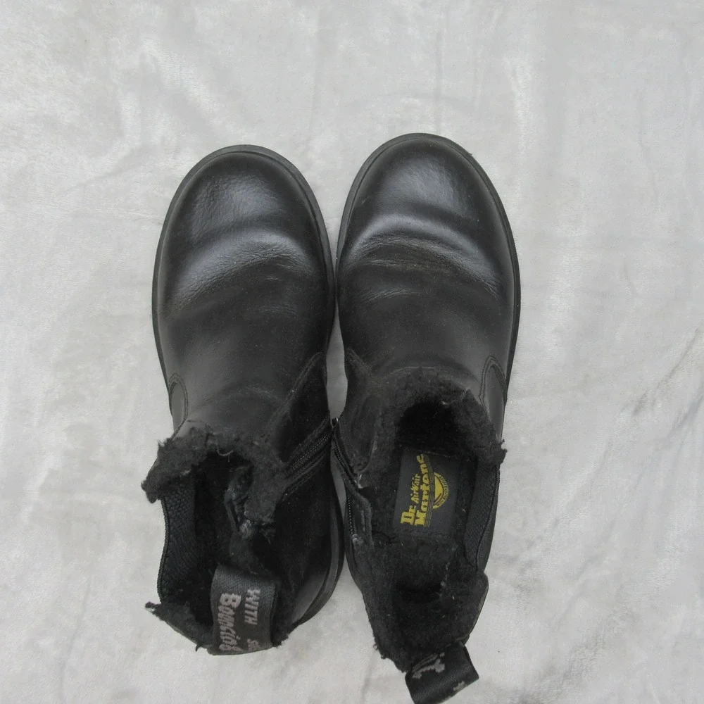 Dr Martens‎ Kids Boot 3 Black Leather Side Zip Faux Fur Line Ankle Leonore Mono